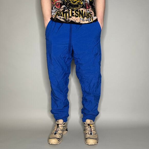 Vintage Russell Track Pants M Royal Blue Nylon Joggers has Ankle Zippers 90s - Picture 2 of 4
